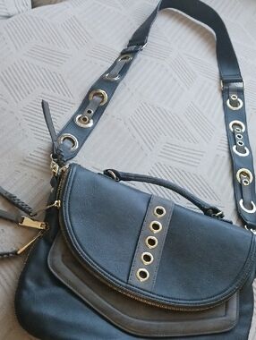 Y2K Steve Madden Grey And Gold Grommet-Detail Crossbody Bag